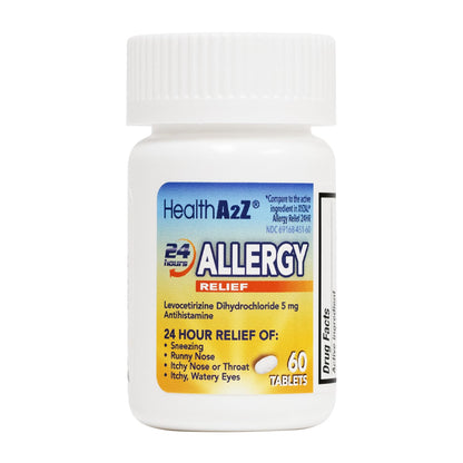 HealthA2Z® Allergy Relief, Levocetirizine Dihydrochloride 5mg, Dye Free Antihistamine, 24 Hours Relief from Sneezing, Runny Nose, Itchy Nose and Eyes (60 Counts) - Maple Wellness Supplements