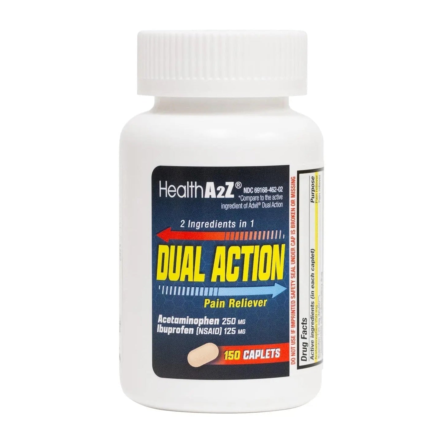 HealthA2Z® Dual Action Pain Relief | Acetaminophen 250mg & Ibuprofen (NSAID) 125mg | Contains Two Medicines | Relief from Headache, Fever & Backache (150 Caplets) - Maple Wellness Supplements