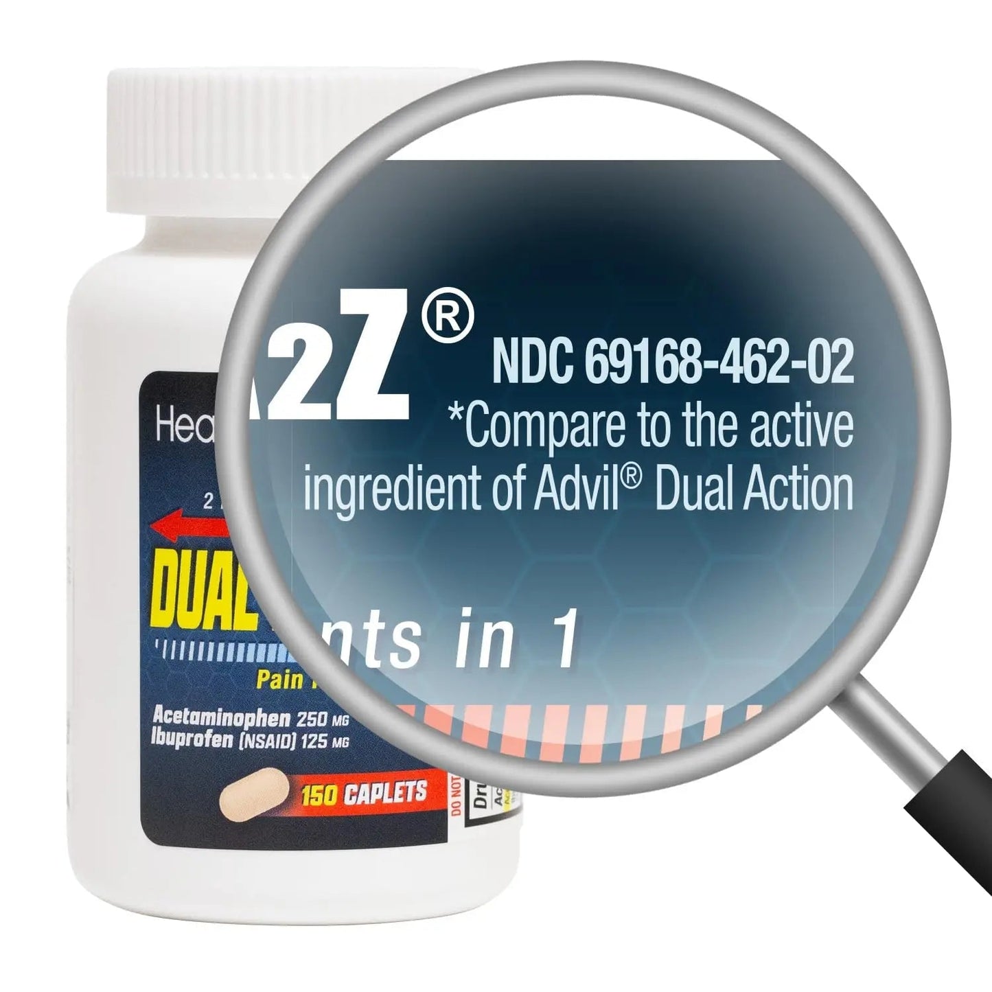 HealthA2Z® Dual Action Pain Relief | Acetaminophen 250mg & Ibuprofen (NSAID) 125mg | Contains Two Medicines | Relief from Headache, Fever & Backache (150 Caplets) - Maple Wellness Supplements