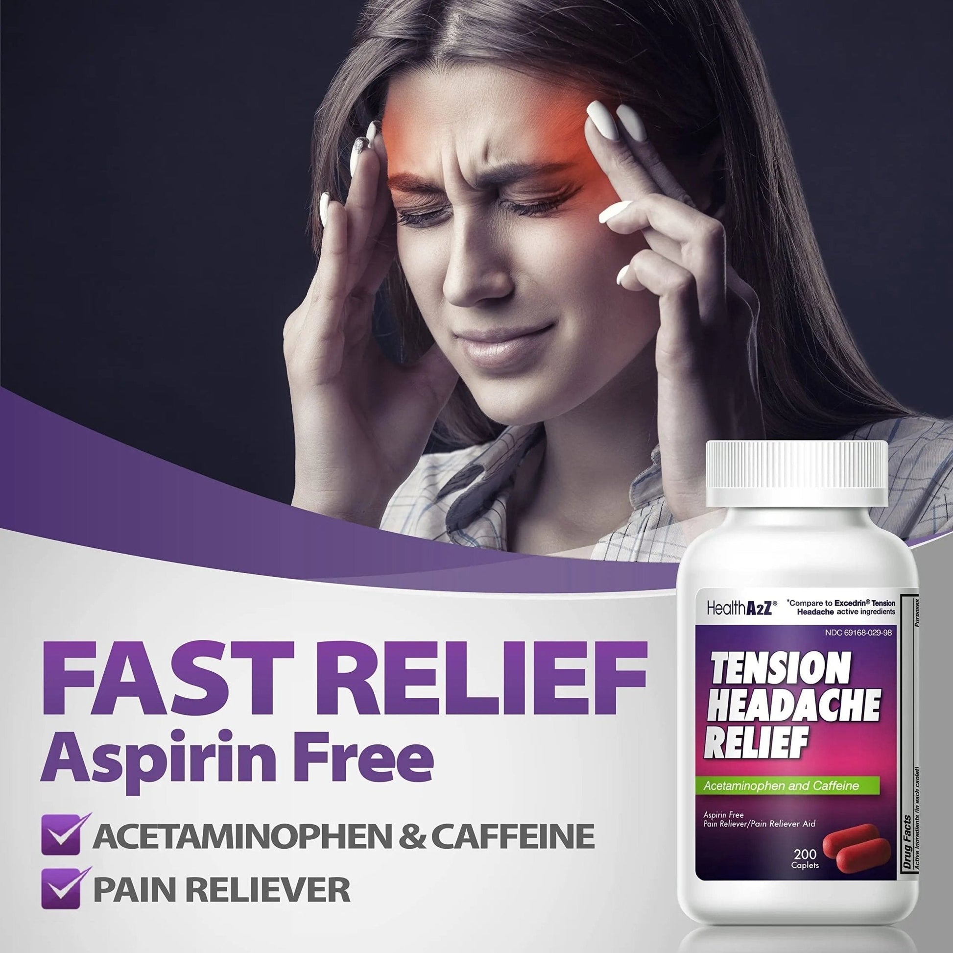 HealthA2Z® Tension Headache Relief | Acetaminophen 500mg | Caffeine 65mg | Pain Reliever Aid | Aspirin Free (200 caplets (Pack of 1)) - Maple Wellness Supplements