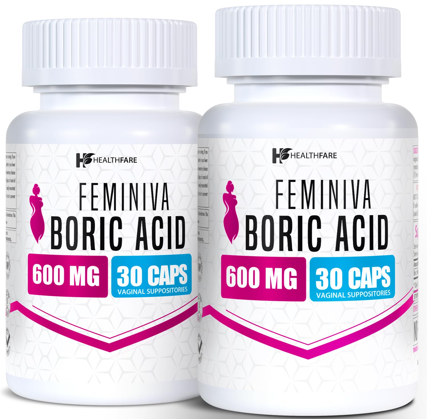 Healthfare Feminiva Boric Acid Suppositories | 2-Pack | 30 Vaginal Suppositories Each | 600mg | 100% Pure | Made in The USA - Maple Wellness Supplements