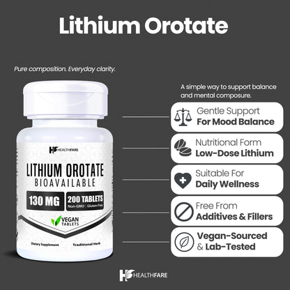 HealthFare Lithium Orotate Supplement 130mg | 200 Vegetarian Tablets | High Bioavailability Trace Mineral | Mood, Brain & Memory Support - Maple Wellness Supplements