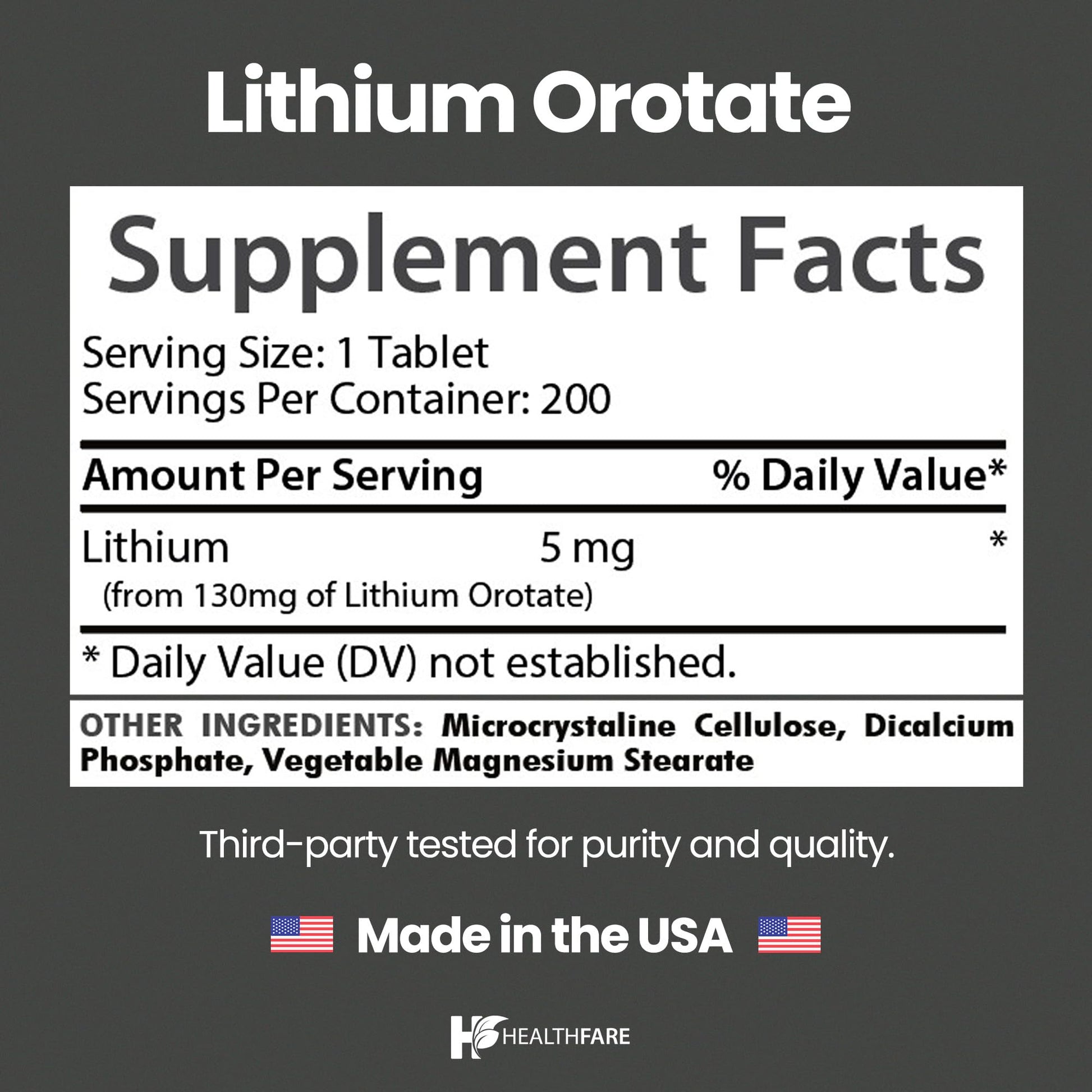 HealthFare Lithium Orotate Supplement 130mg | 200 Vegetarian Tablets | High Bioavailability Trace Mineral | Mood, Brain & Memory Support - Maple Wellness Supplements