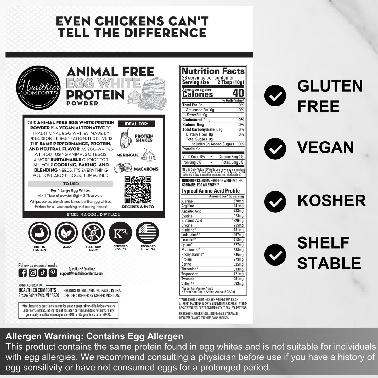 Healthier Comforts Animal-Free Egg White Protein Powder | Make Vegan Egg Omelets, Angel Food Cake, Meringue, Protein Shakes | Whips and Binds Just Like Traditional Egg Whites (8 oz) - Maple Wellness Supplements