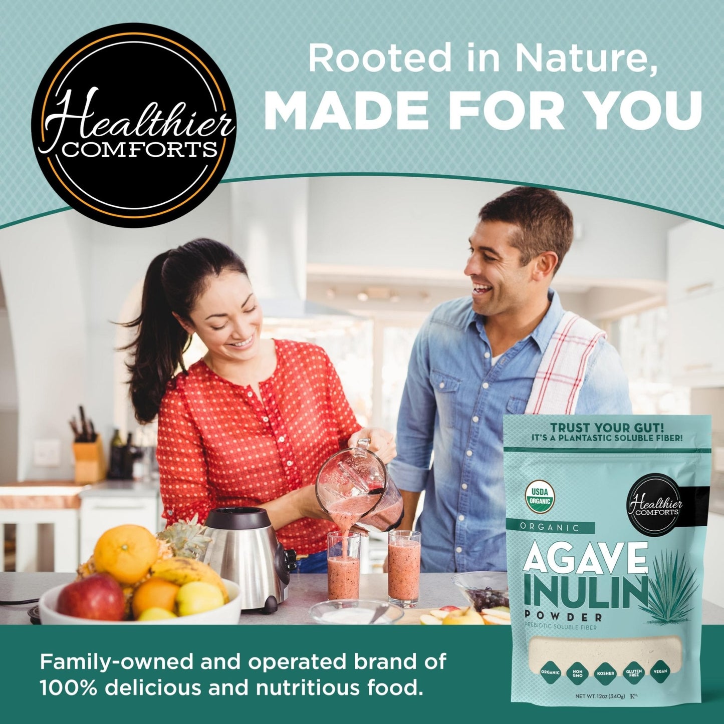 Healthier Comforts Organic Inulin Powder (12 oz) from Blue Agave | Soluble Prebiotic Fiber, Gentle on Digestion, Non-GMO | Perfect for Coffee, Baking & Cooking - Maple Wellness Supplements