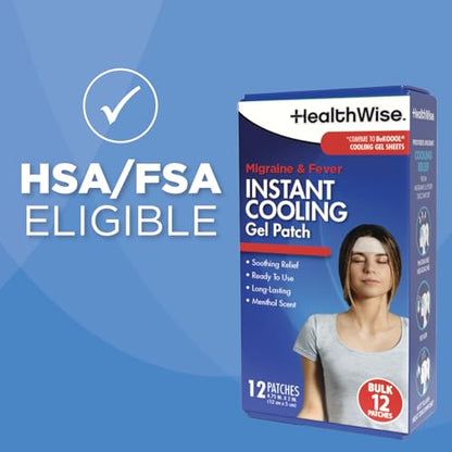 HealthWise Instant Cool Gel Patches | Migraine & Fever Relief | 12-Count | 4.75” x 2” | Soothing Menthol Vapors | Non-Medicated Formula - Maple Wellness Supplements