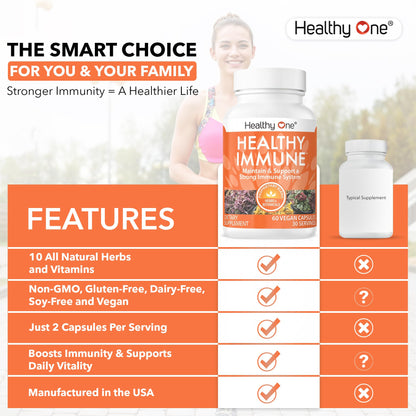 Healthy Immune - 10 in 1 Formula - Cold & Flu Virus - Sick & Illness - Covid - Elderberry - Echinacea - Vitamin C - Zinc - Garlic - Reishi - Andrographis - Astragulus - Antioxidants - Immunity - 120ct - Maple Wellness Supplements