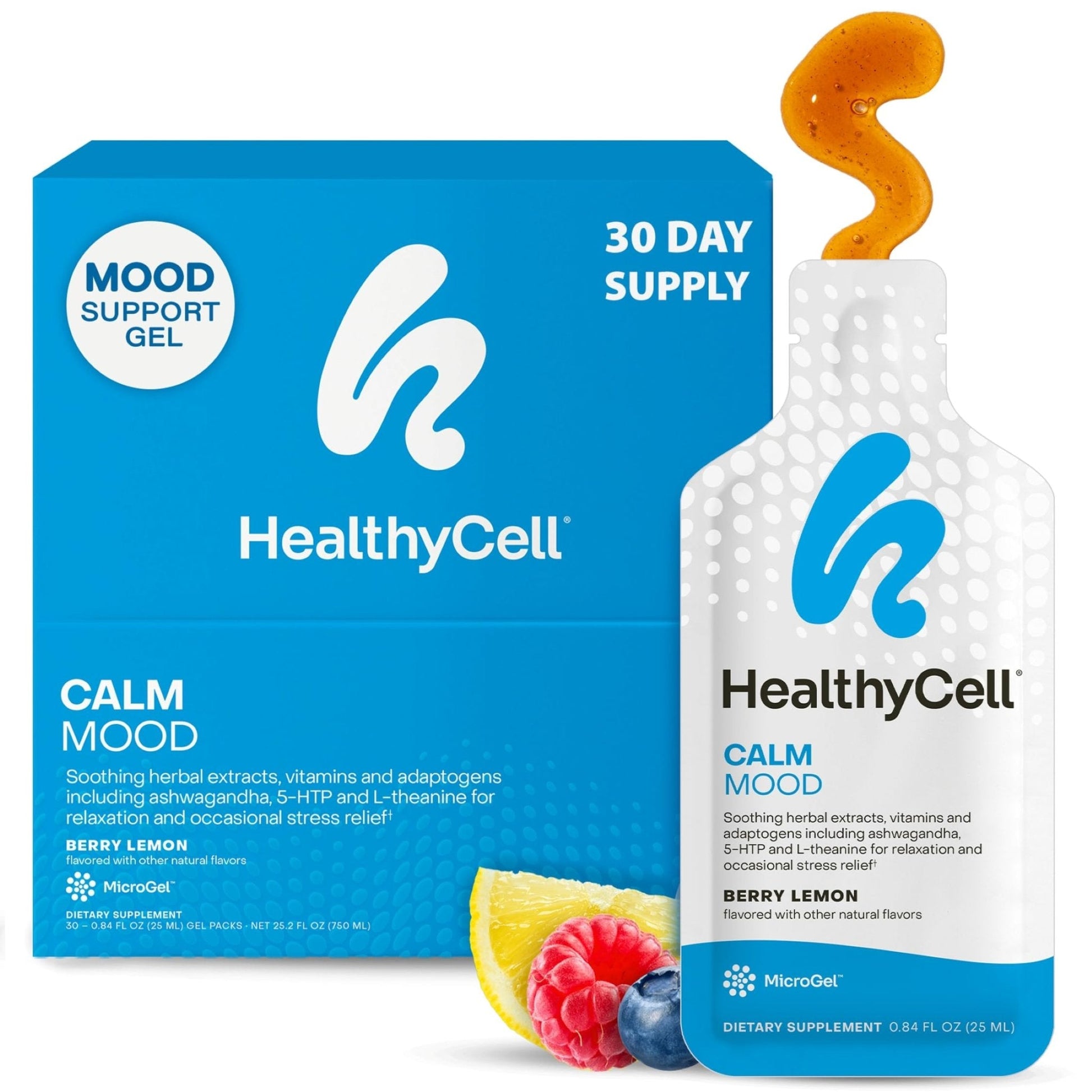 Healthycell Calm Mood Daily Liquid Supplement - Cortisol Manager & Mood Support Supplement for Stress with Ashwagandha, L-Theanine, Magnesium, 5-HTP, GABA & Saffron - 30 Gel Packs - Maple Wellness Supplements