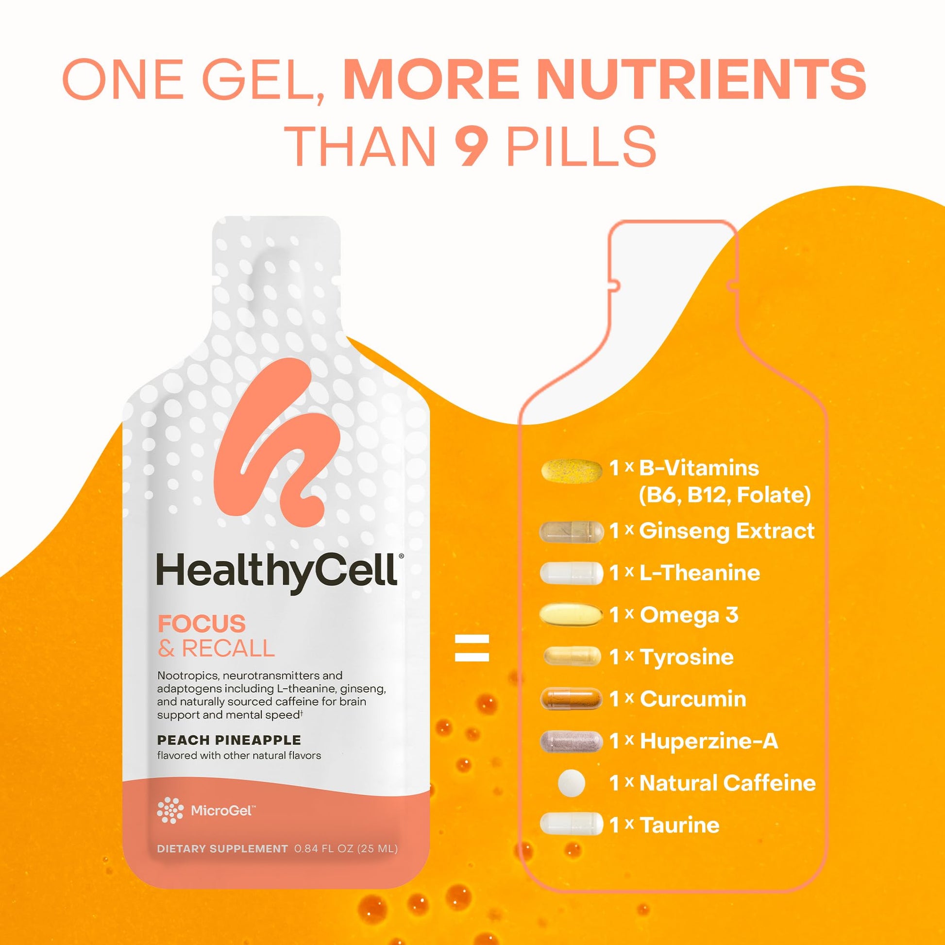 Healthycell Focus & Recall, Daily Liquid Brain Supplement for Focus & Memory - Nootropics Supplement for Concentration & Alertness with L-Theanine, Omega-3 & Taurine - 14 Gel Packs - Maple Wellness Supplements