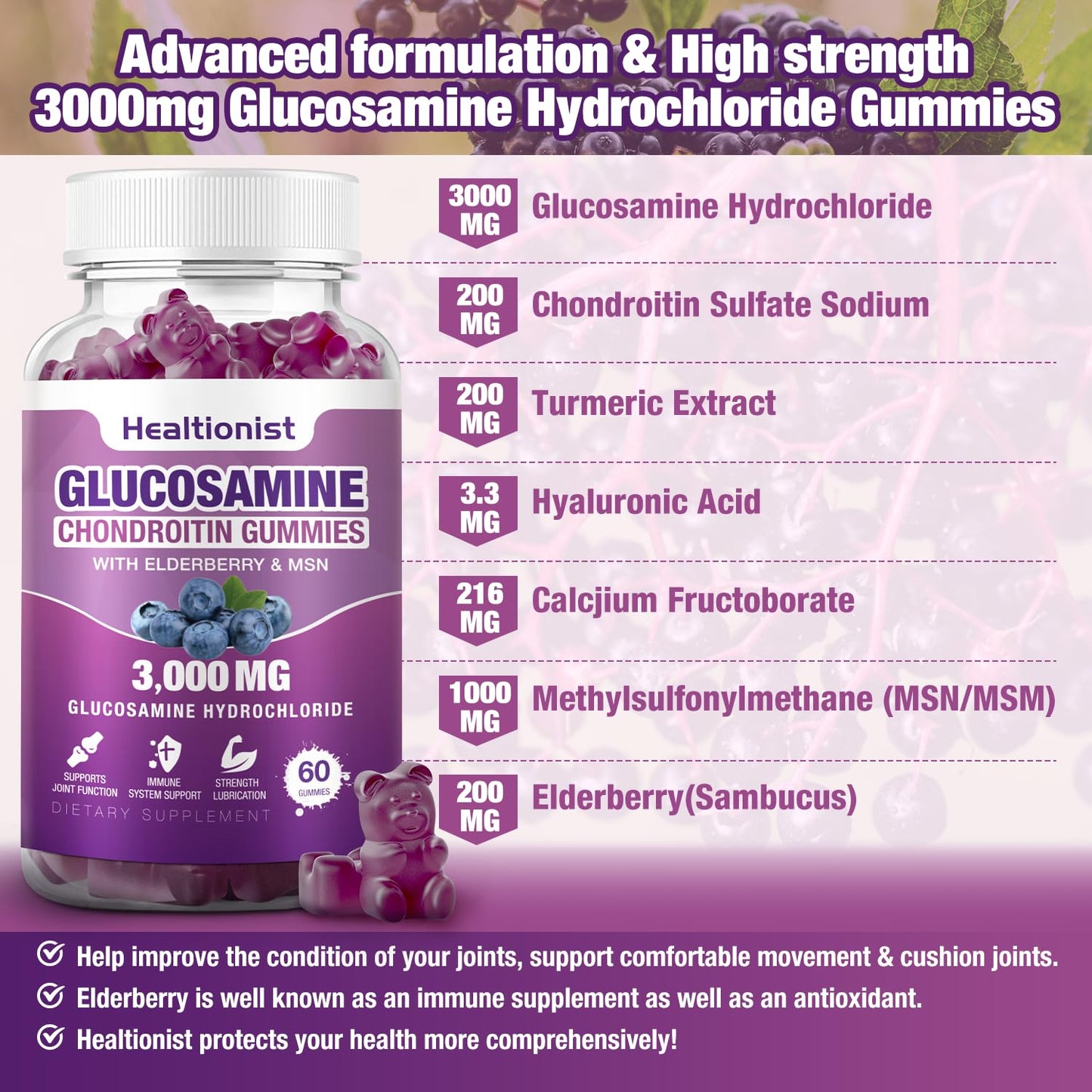 Healtionist 2 Packs 3000mg Glucosamine Chondroitin Gummies with MSM & Elderberry - Maple Wellness Supplements