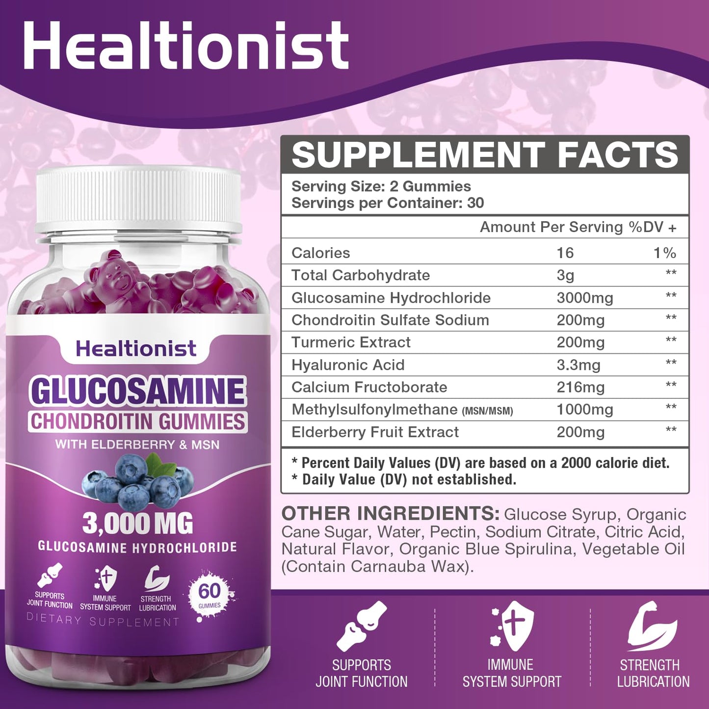 Healtionist 2 Packs 3000mg Glucosamine Chondroitin Gummies with MSM & Elderberry - Maple Wellness Supplements