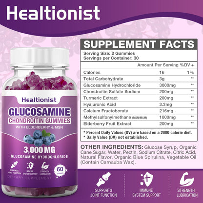 Healtionist 2 Packs 3000mg Glucosamine Chondroitin Gummies with MSM & Elderberry - Maple Wellness Supplements