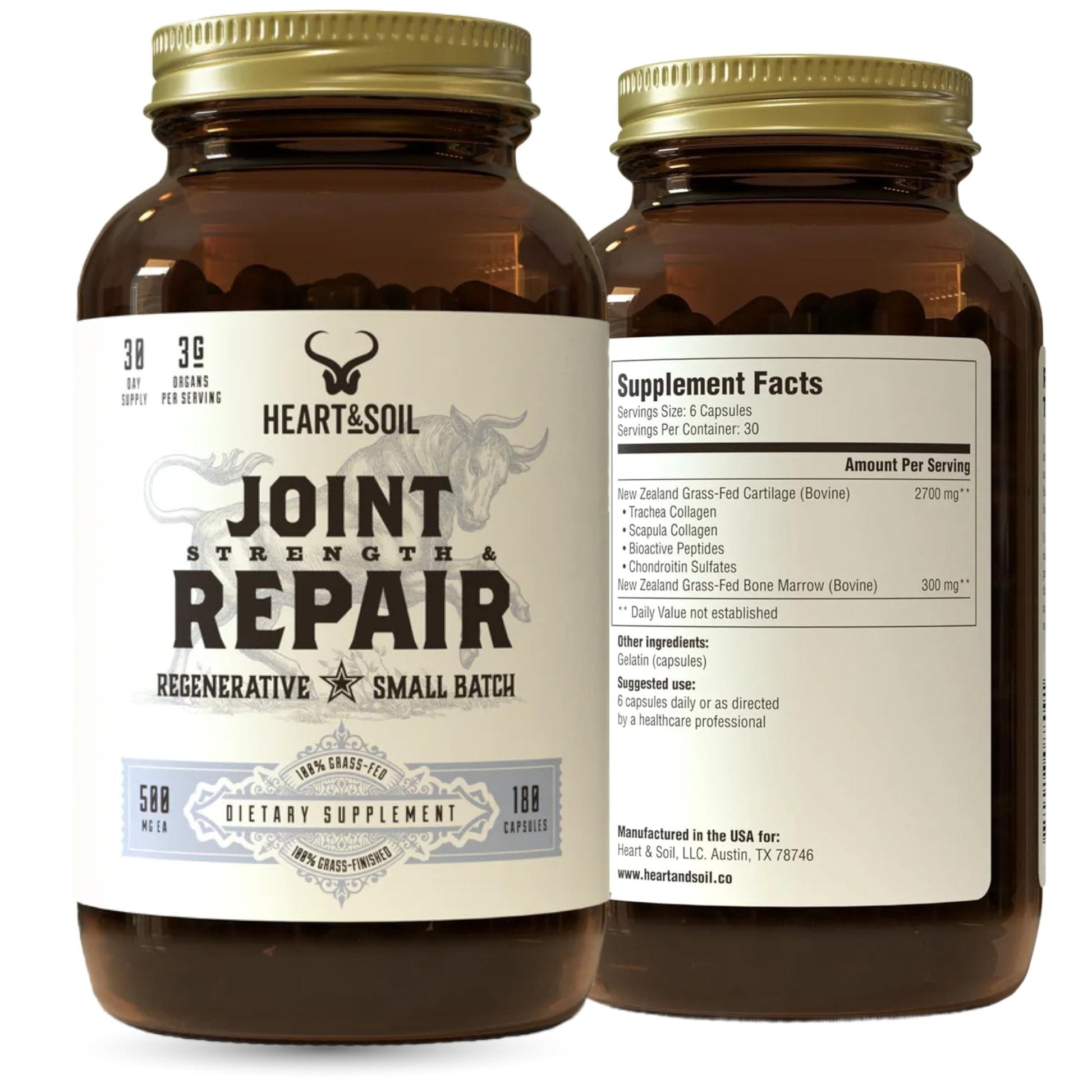 Heart & Soil 100% Grass Fed & Finished Joint Support Supplement from Regenerative Cattle with Trachea, Scapula & Bone Marrow – Supports Joint Strength & Mobility – 3000mg – Glass Bottle – 180 Capsules - Maple Wellness Supplements