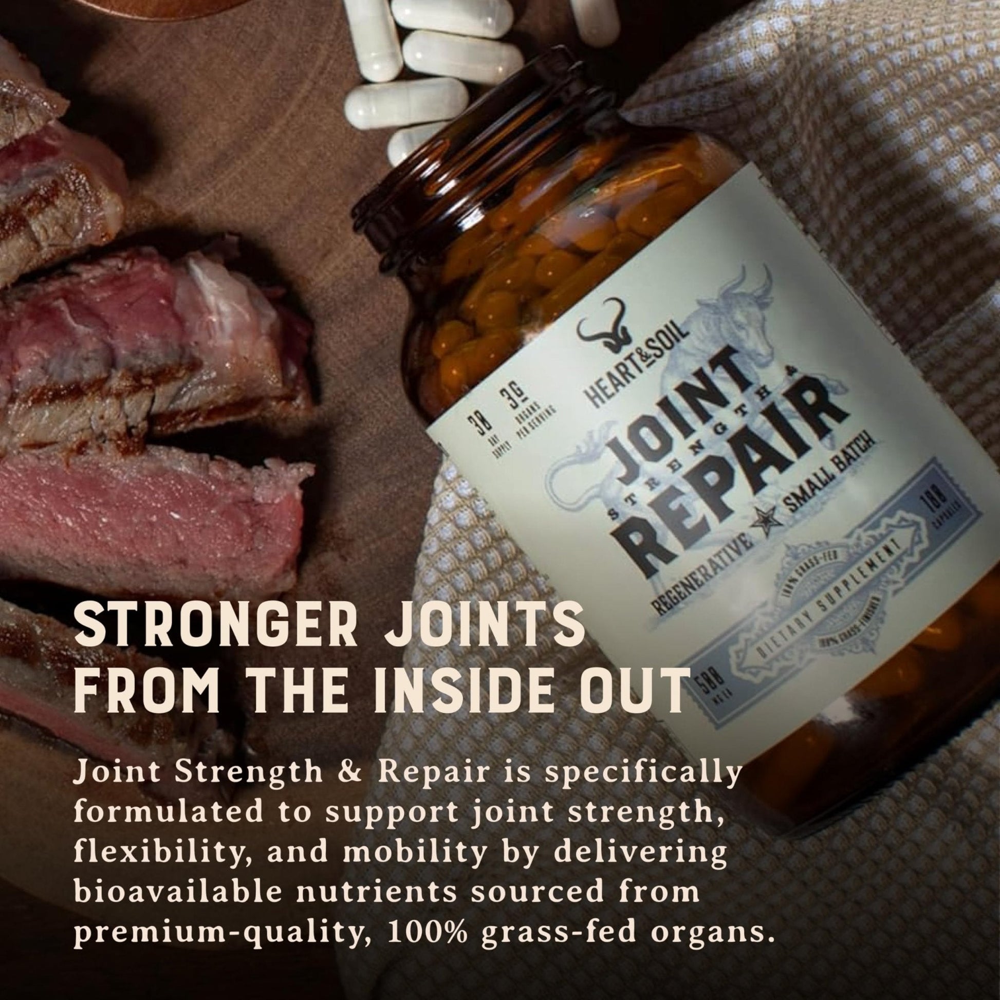 Heart & Soil 100% Grass Fed & Finished Joint Support Supplement from Regenerative Cattle with Trachea, Scapula & Bone Marrow – Supports Joint Strength & Mobility – 3000mg – Glass Bottle – 180 Capsules - Maple Wellness Supplements