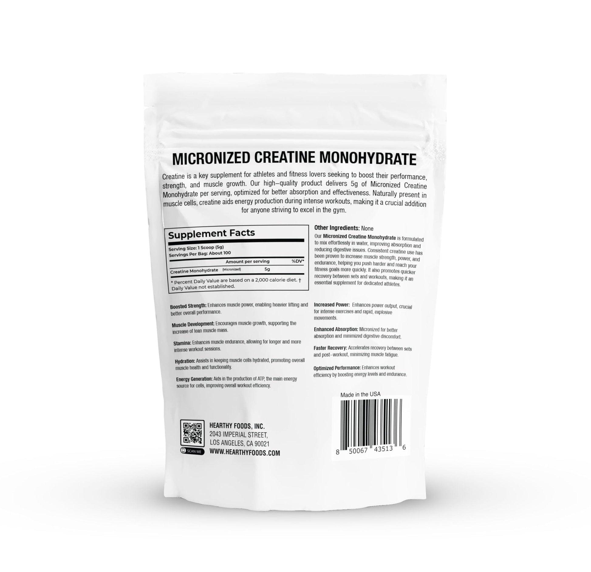 HEARTHY FOODS Creatine Monohydrate Micronized Powder 500G - 100 Servings, 5000mg Per Serving (5g) - for Men & Women Muscle Growth - Maple Wellness Supplements