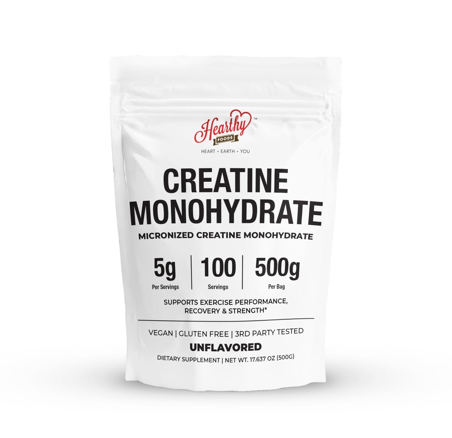 HEARTHY FOODS Creatine Monohydrate Micronized Powder 500G - 100 Servings, 5000mg Per Serving (5g) - for Men & Women Muscle Growth - Maple Wellness Supplements