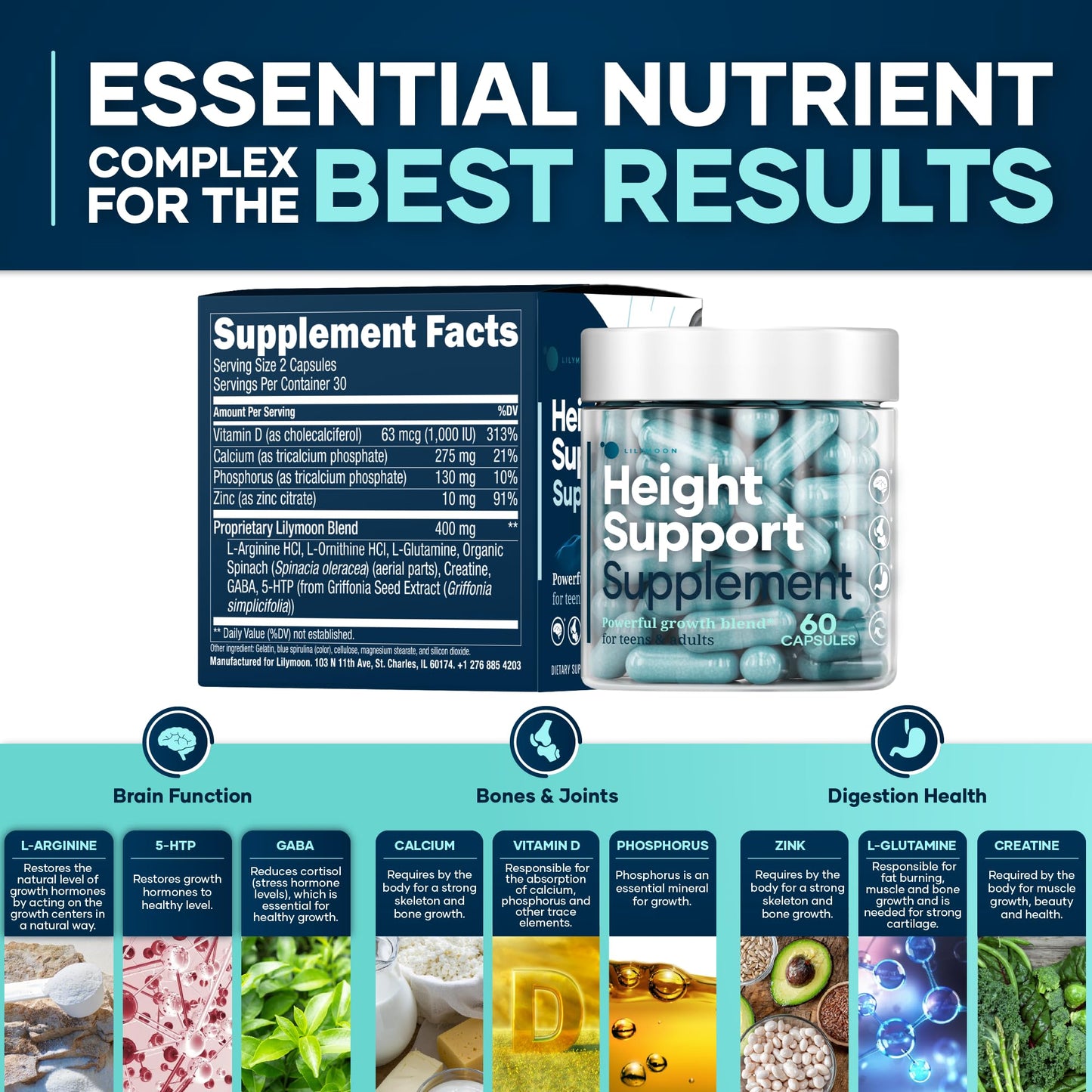 Height & Bone Support Supplement - Premium Height Growth Supplement for Kids & Teens with Calcium - Nutritional Support Bone Health Formula - Height Increase Essential Vitamins - 60 Caps - Maple Wellness Supplements