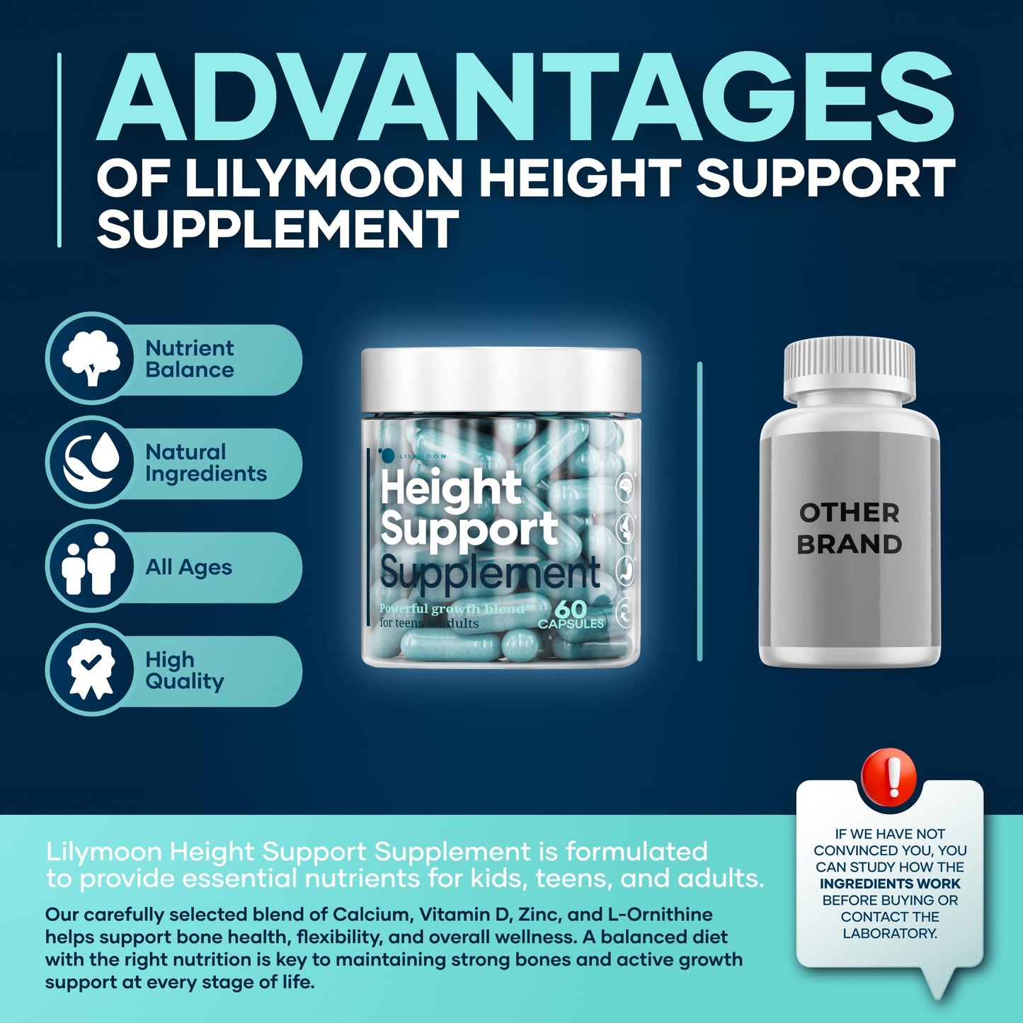 Height & Bone Support Supplement - Premium Height Growth Supplement for Kids & Teens with Calcium - Nutritional Support Bone Health Formula - Height Increase Essential Vitamins - 60 Caps - Maple Wellness Supplements