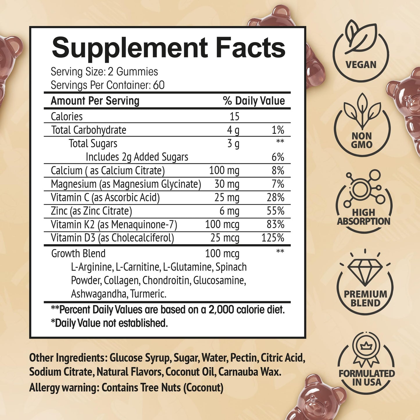 Height Growth Increase Vitamin Gummies, Calcium 100mg, Magnesium Glycinate 30mg, Zinc, Ashwagandha, Vitamin K2 D3 25mg Grow Tall Maximizer Supplement, Multivitamin for Kids, Teens Boy & Girl, Adults - Maple Wellness Supplements