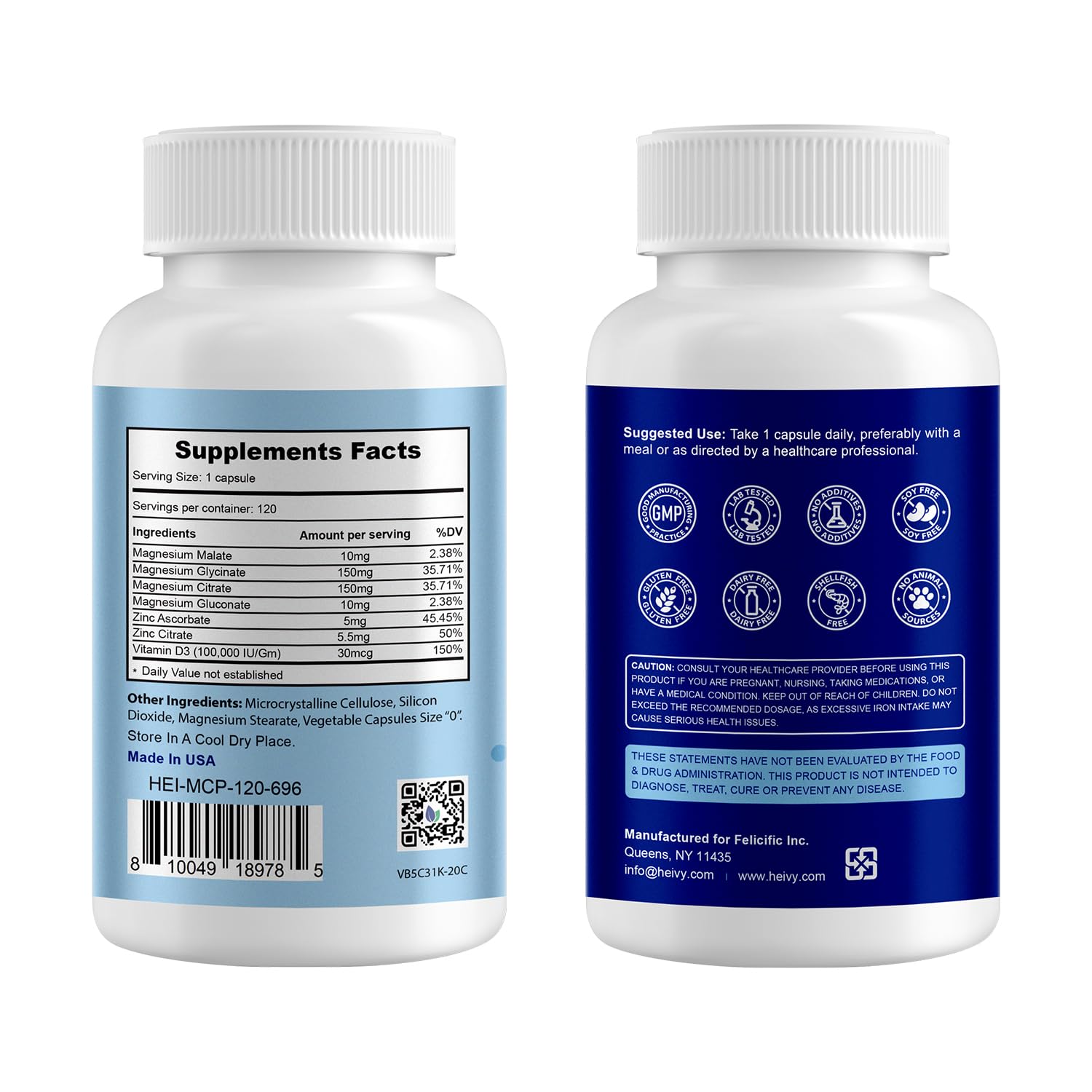 Heivy 4 in 1 Magnesium Complex with Zinc & Vitamin D3, 320mg Elemental Magnesium (Glycinate/Citrate/Gluconate/Malate), 120 Capsules (4 Months Supply), Vegan, Non-GMO, Gluten-Free, 3rd Party Tested - Maple Wellness Supplements