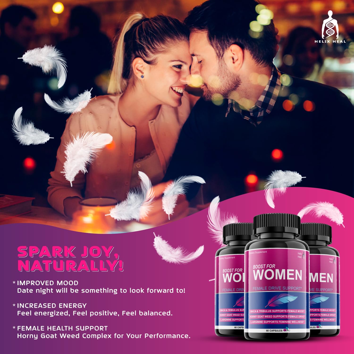 Helix Heal Libido Booster for Women Fast Acting with Horny Goat Weed - Female Desire Pills with Maca Root, Tribulus Terrestris, Ginseng and Hornygoatweed Women - Hormone Balance, Made in USA (60 ct) - Maple Wellness Supplements