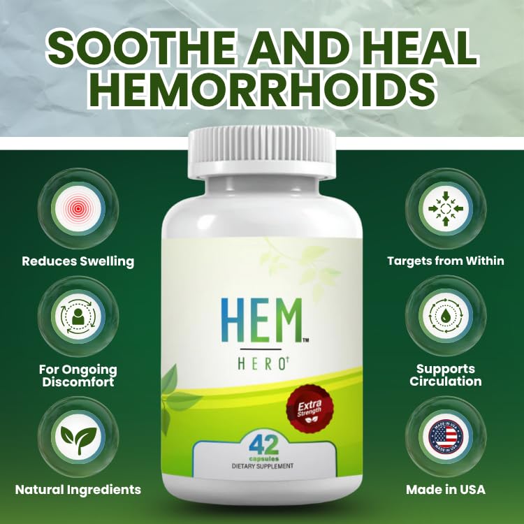 Hem Healer Hem Hero Extra Strength Hemorrhoid Treatment - Reduce Swelling, Soothe Itching & Irritation - 100% Natural - 42 Vegetarian Capsules - Maple Wellness Supplements