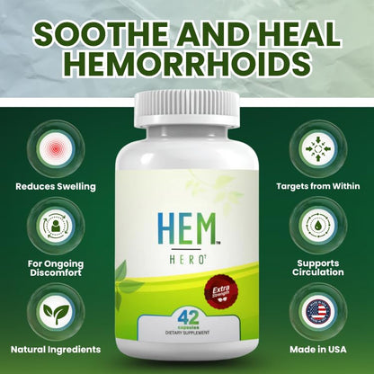 Hem Healer Hem Hero Extra Strength Hemorrhoid Treatment - Reduce Swelling, Soothe Itching & Irritation - 100% Natural - 42 Vegetarian Capsules - Maple Wellness Supplements