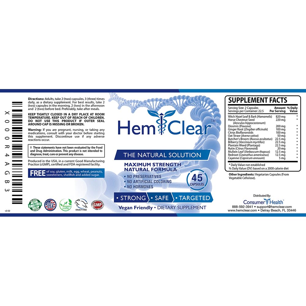 HemClear for Hemorrhoids - Vegan Formula for Hemorrhoid Relief & Vascular Health - Maximum Strength 2 Bottle 90 Capsules - Maple Wellness Supplements