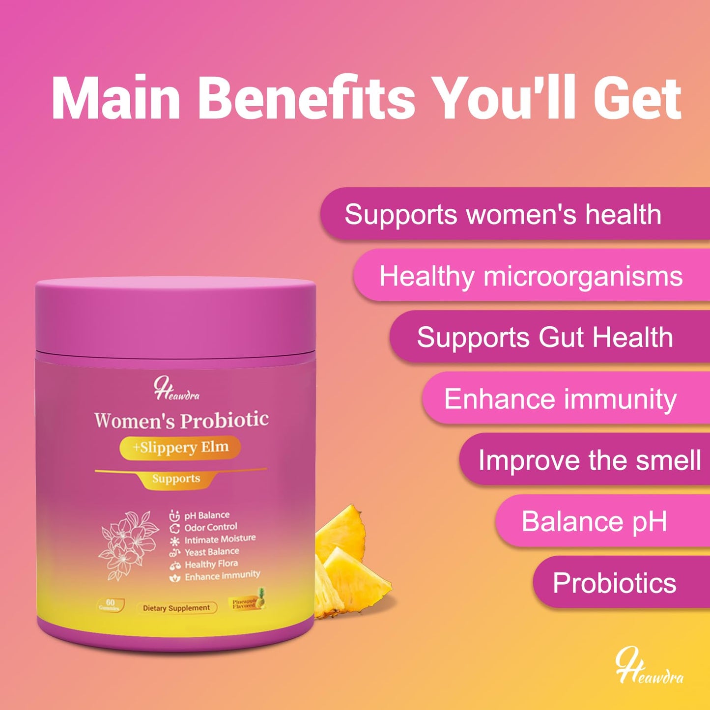 Her Juicy Women's Probiotic Gummies: Supports Women’s Wellness & pH Balance, Clean Vegan, Pineapple Flavor, Prebiotics & Lactobacillus Blend, with Slippery Elm, Gut Health & Immune Defense, 60 Gummies - Maple Wellness Supplements