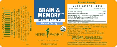 Herb Pharm Organic Nootropic Brain & Memory Supplement with Ginkgo Biloba Liquid Extract: Fast Absorption for Mental Focus Support, Ginkgo Supplement, Vegan, Gluten-Free, Non-GMO, 1 Oz - Maple Wellness Supplements