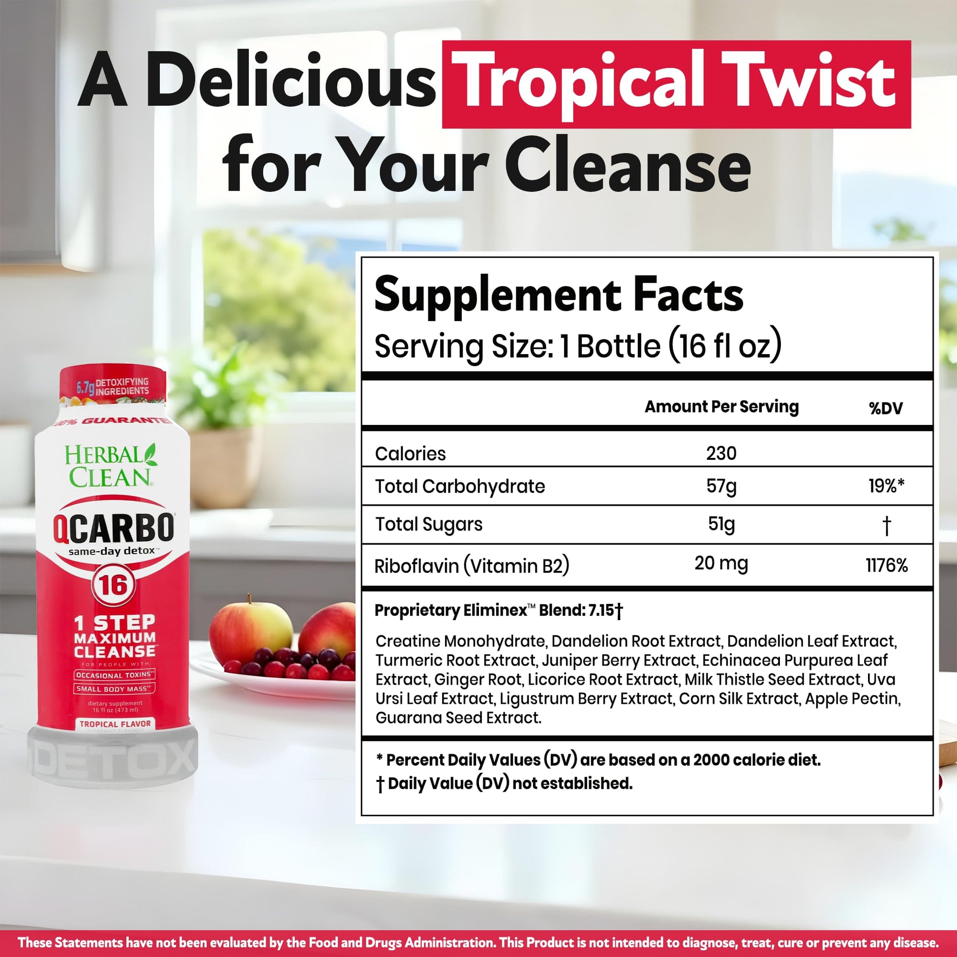 Herbal Clean Qcarbo16 Same-Day Detox Cleanse Drink (16 fl oz) - Tropical Flavor Full Body Cleanse* Detox Drink for Moderate Toxin Level* - Maple Wellness Supplements