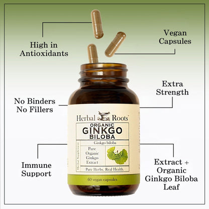 Herbal Roots Organic Ginkgo Biloba Made with Pure Organic Ginkgo Leaf and Extract - 60 Vegan Capsules - Maple Wellness Supplements