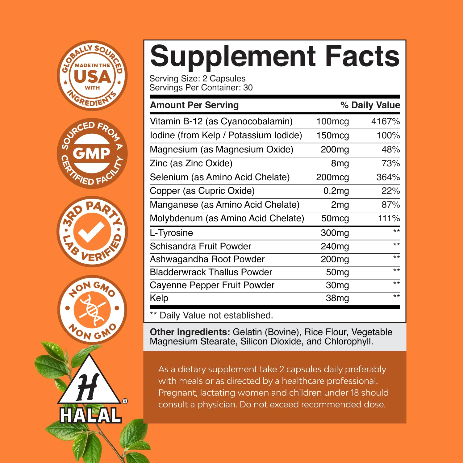 Herbal Thyroid Support Complex - Potent Kelp Iodine Supplement with L Tyrosine, Bladderwrack, Selenium & Pure Ashwagandha for Hormone Balance - Maple Wellness Supplements
