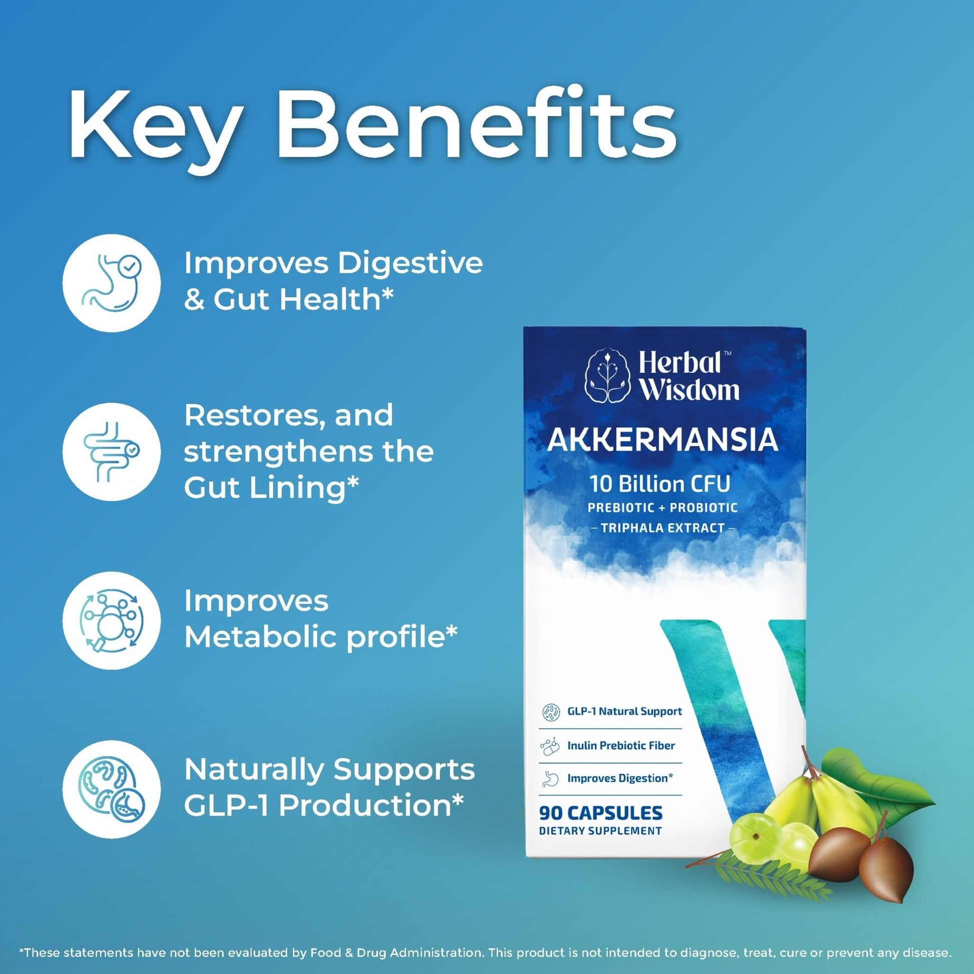 Herbal Wisdom Akkermansia Probiotic 10 Billion CFU - Advanced Support, Probiotic+Prebiotic | for Gut & Metabolism Support - No Bloating | with Inulin & Triphala - Maple Wellness Supplements