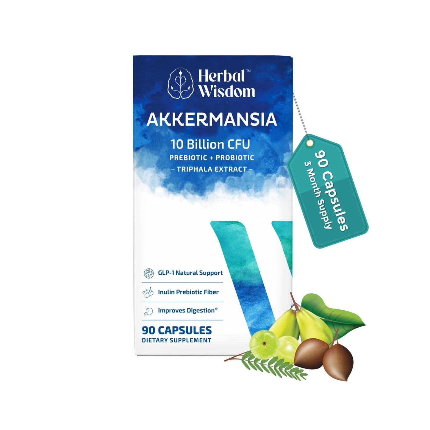 Herbal Wisdom Akkermansia Probiotic 10 Billion CFU - Advanced Support, Probiotic+Prebiotic | for Gut & Metabolism Support - No Bloating | with Inulin & Triphala - Maple Wellness Supplements