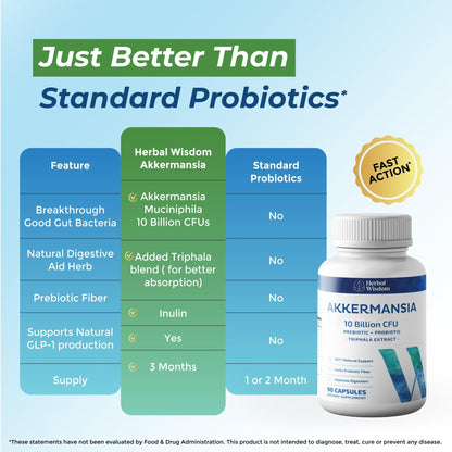Herbal Wisdom Akkermansia Probiotic 10 Billion CFU - Advanced Support, Probiotic+Prebiotic | for Gut & Metabolism Support - No Bloating | with Inulin & Triphala - Maple Wellness Supplements