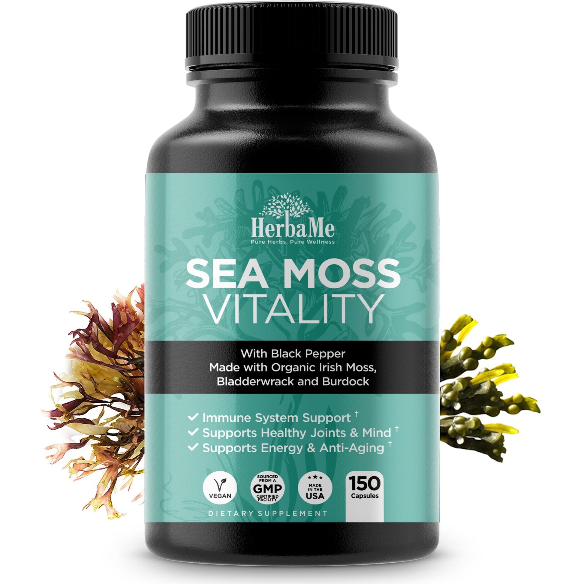 HerbaMe Organic Irish Sea Moss with Bladderwrack, Burdock Root & Black Pepper Extract - Maple Wellness Supplements