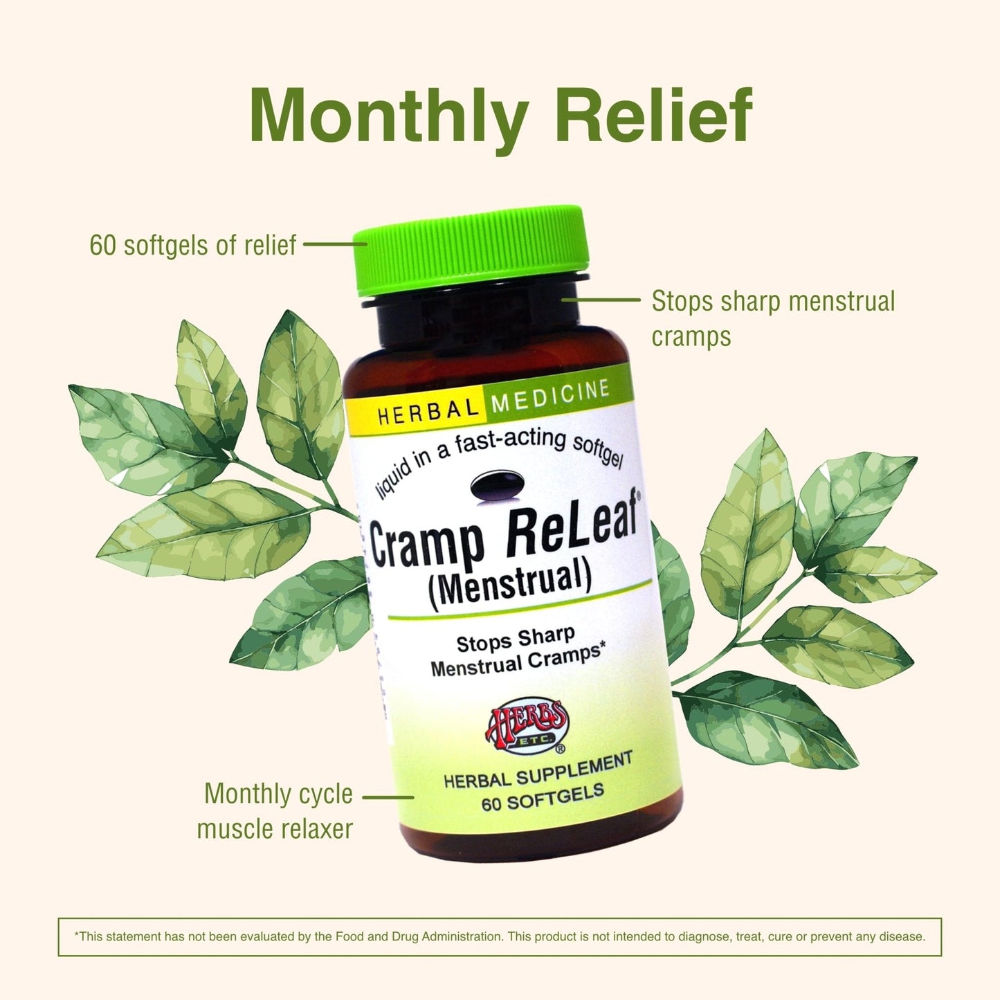 Herbs Etc. Cramp ReLeaf (Menstrual) - Abdominal Muscle Support - Herbal Supplement to Aid Menstrual Health - Period Cramp Support with Black Haw, Cramp Bark and Bethroot - 60 Softgels (60 Servings) - Maple Wellness Supplements