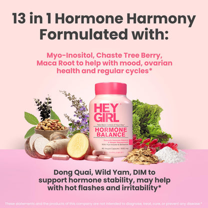 Hey Girl Hormone Balance for Women – 13-in-1 Menopause, PMS & Cycle Support – Mood & Hot Flash Support – w Myo-Inositol, Berberine, Maca Root, Black Cohosh, DIM, Dong Quai - Maple Wellness Supplements