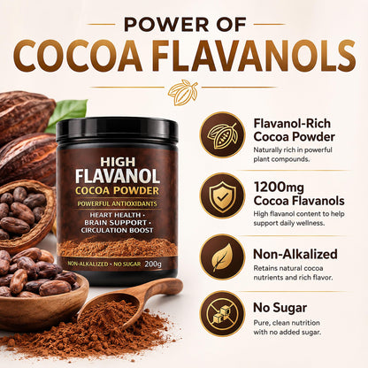 High Flavanol Cocoa Powder, Flavanol Rich Cocoa Powder– 1200mg Cocoa Flavanols – 10X More Flavanols – Supports Heart Health, Nitric Oxide & Energy - Maple Wellness Supplements