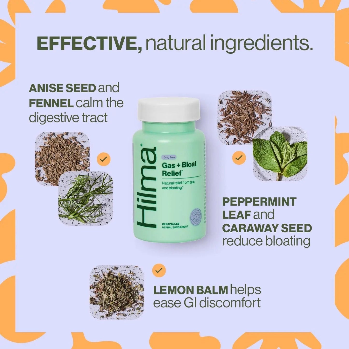 Hilma Natural Gas and Bloating Relief for Women, Doctor Formulated with Organic Ingredients, Lemon Balm, Fennel and Peppermint Leaf, 50 Vegan Capsules - Maple Wellness Supplements