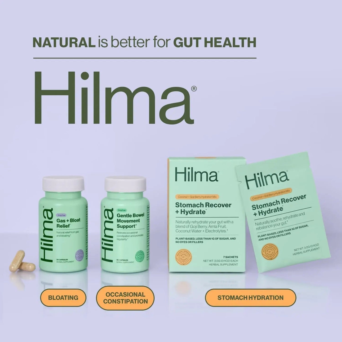 Hilma Natural Gas and Bloating Relief for Women, Doctor Formulated with Organic Ingredients, Lemon Balm, Fennel and Peppermint Leaf, 50 Vegan Capsules - Maple Wellness Supplements