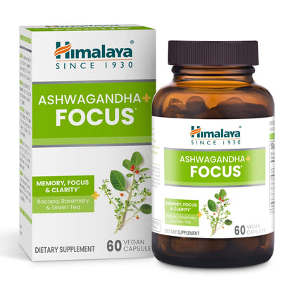 Himalaya Ashwagandha+ Focus - Herbal Focus Supplement with B12, Rosemary, Green Tea, and Bacopa Nootropics for Memory and Clarity - Vegan, Non-GMO, Gluten Free, 1690 mg, 60 Caplets - Maple Wellness Supplements
