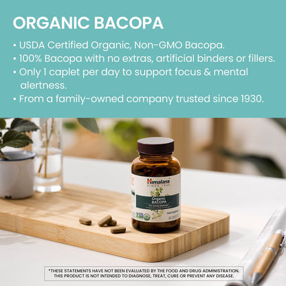 Himalaya Bacopa Monnieri Nootropic Herbal Supplement, Supports Calm, Memory, Cognition, USDA Certified Organic, Non-GMO, 750 mg, 60 Plant-Based Caplets, 60 Day Supply - Maple Wellness Supplements