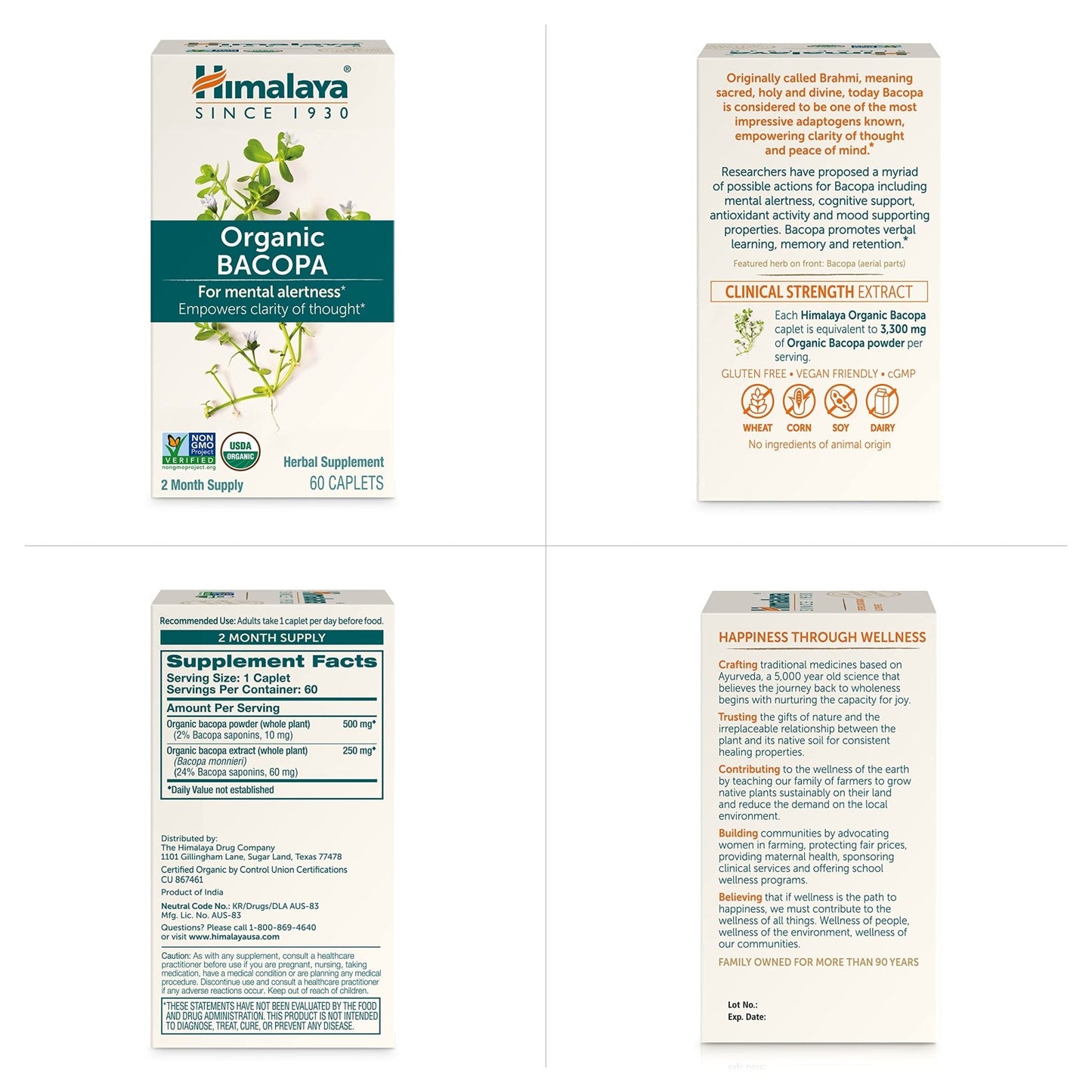 Himalaya Bacopa Monnieri Nootropic Herbal Supplement, Supports Calm, Memory, Cognition, USDA Certified Organic, Non-GMO, 750 mg, 60 Plant-Based Caplets, 60 Day Supply - Maple Wellness Supplements