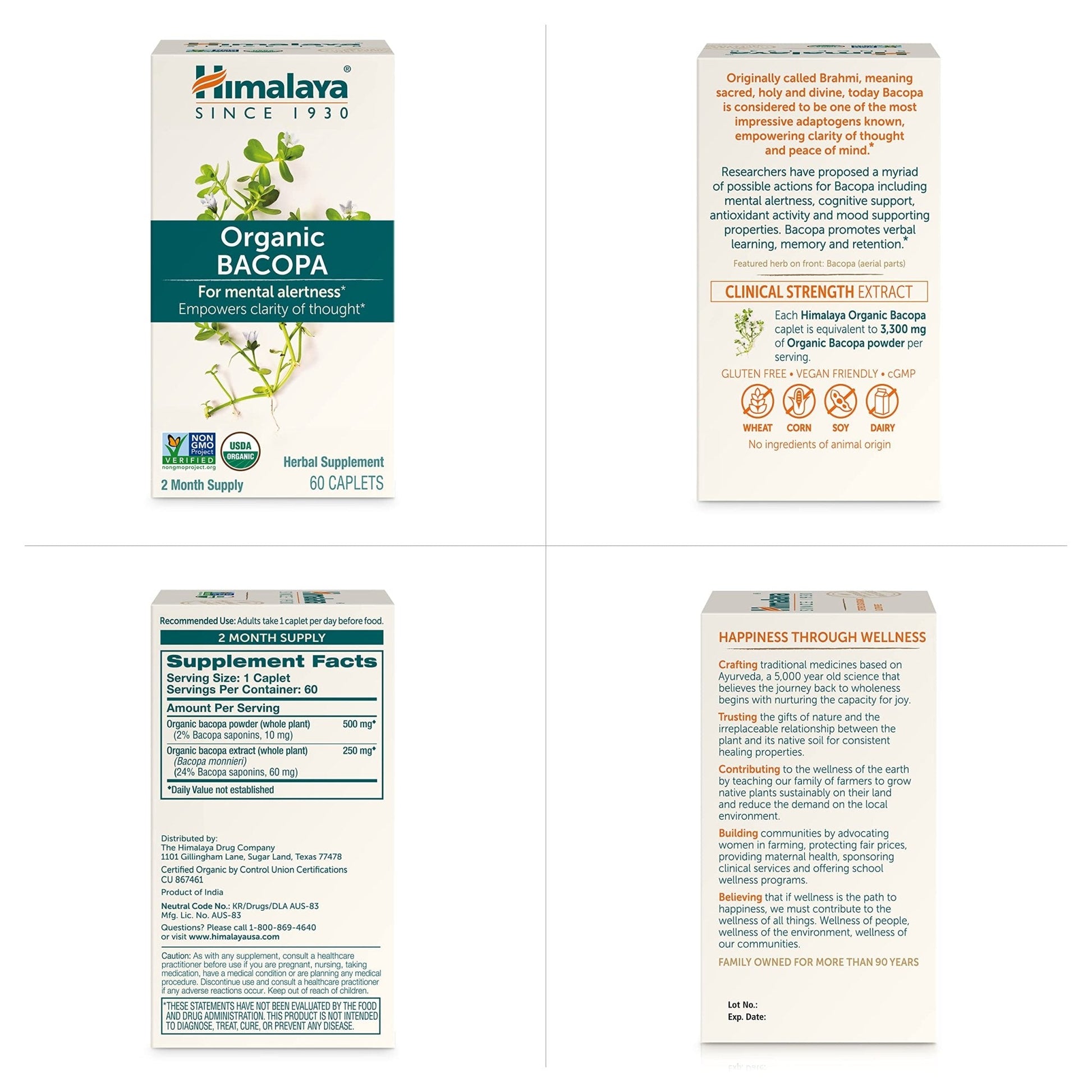 Himalaya Bacopa Monnieri Nootropic Herbal Supplement, Supports Calm, Memory, Cognition, USDA Certified Organic, Non-GMO, 750 mg, 60 Plant-Based Caplets, 60 Day Supply - Maple Wellness Supplements