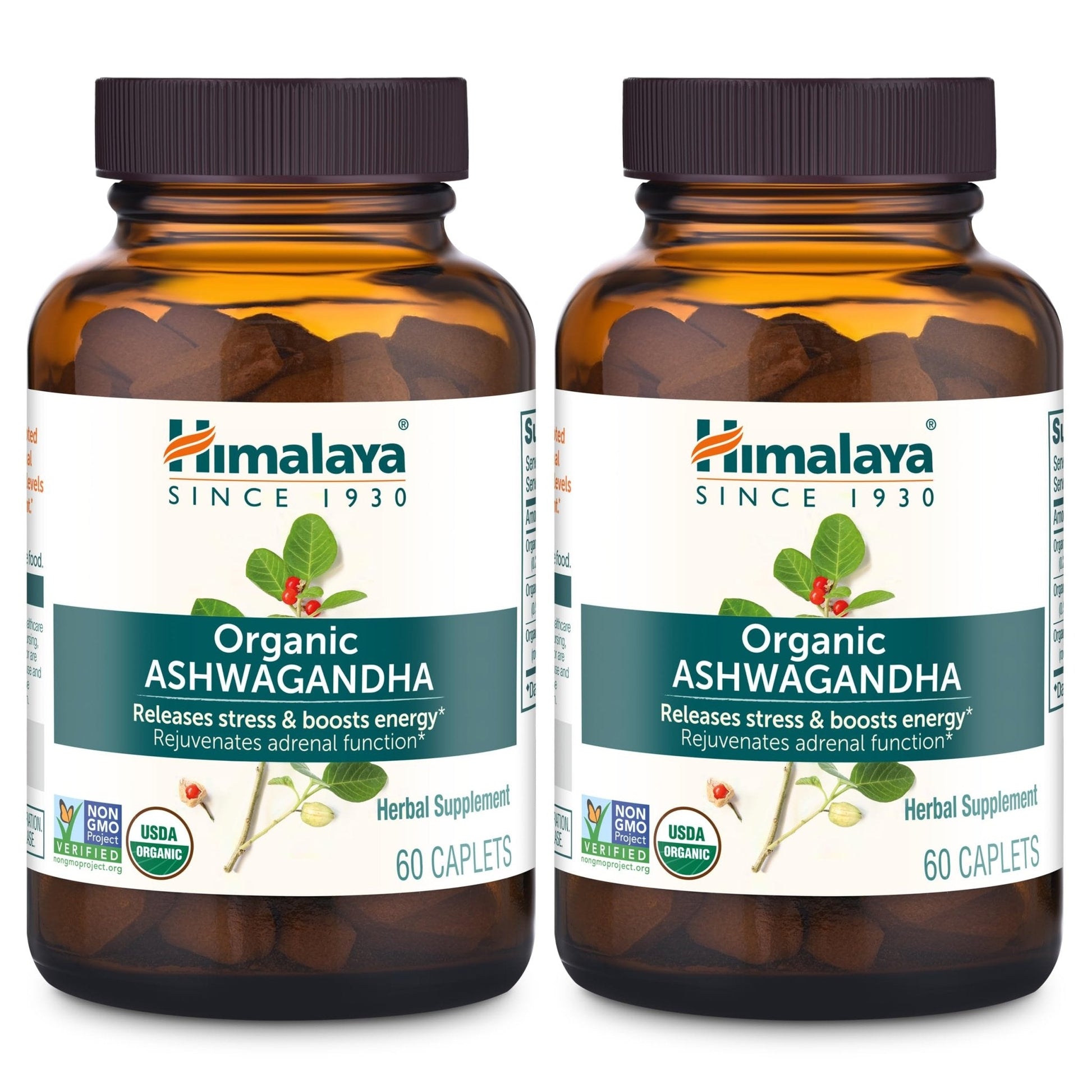 Himalaya Organic Ashwagandha Root, 120 Day Supply - Herbal Adrenal Support Supplements for Stress Relief and Energy Support - USDA Organic, Non-GMO, Vegan, Gluten Free, 60 Caplets, 2 Pack - Maple Wellness Supplements
