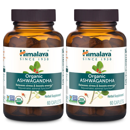 Himalaya Organic Ashwagandha Root, 120 Day Supply - Herbal Adrenal Support Supplements for Stress Relief and Energy Support - USDA Organic, Non-GMO, Vegan, Gluten Free, 60 Caplets, 2 Pack - Maple Wellness Supplements
