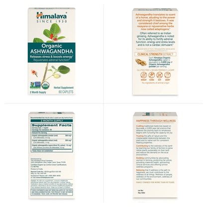 Himalaya Organic Ashwagandha Root, 120 Day Supply - Herbal Adrenal Support Supplements for Stress Relief and Energy Support - USDA Organic, Non-GMO, Vegan, Gluten Free, 60 Caplets, 2 Pack - Maple Wellness Supplements