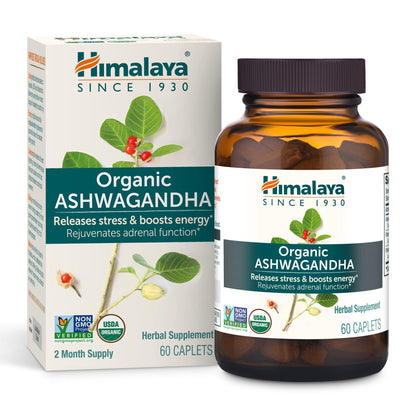 Himalaya Organic Ashwagandha Root - Adrenal Support, Stress Relief, Vegan, Non-GMO - 670 mg, 60 Caplets - Maple Wellness Supplements